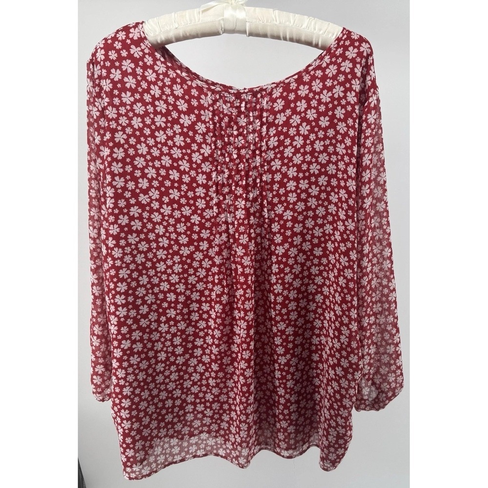 Tommy Hilfiger 2X Red Floral Peasant Blouse Boho Flowy Fall Sheer Chic Top - Picture 4 of 7